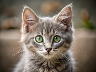 Captivating Gray Kitten Headshot with Mesmerizing Green Eyes, Soft Fur, and Delicate Features Ideal for Pet Lovers and Animal Enthusiasts, Perfect for Blogs and Marketing