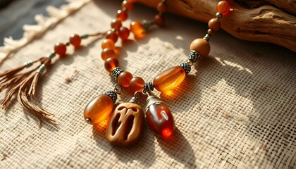 Handmade amber necklace with natural beads and unique pendants on a textured fabric background