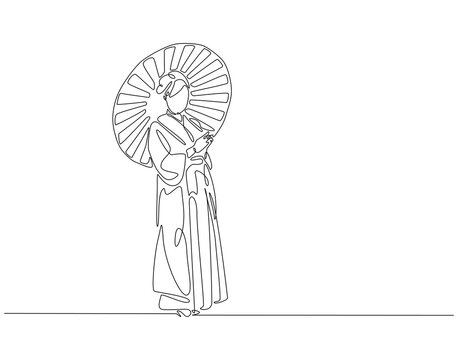 recommend clip art: Continuous one line drawing of japanese woman wearing kimono. One line drawing illustration of woman wear kimono holding umbrella. Japanese culture concept single line. Editable outline
