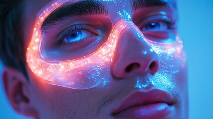 Close-up of a man with perfect skin using an illuminated LED face mask 