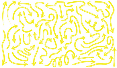 Collection of yellow ink hand drawn arrow. Set of charcoal arrows