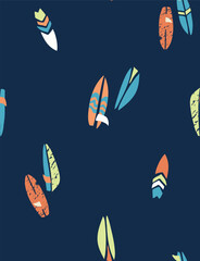 Seamless pattern with surfboards in flat style on blue background