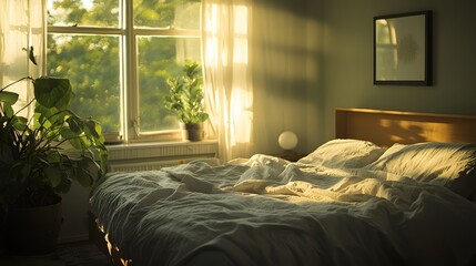  A minimalist bedroom designed with natural wood, featuring a low platform bed, neutral bedding,