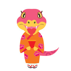 2025年年賀状素材　巳年　着物の可愛いメス蛇のキャラクターのイラスト