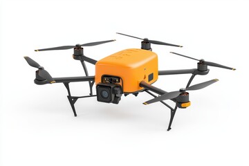 Orange drone with camera, isolated on white background.