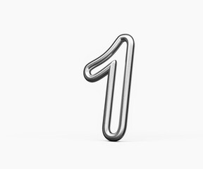 Fototapeta premium Number One 1 Made Of Silver Metallic Gleam With Smooth Curves On White Background 3D Illustration