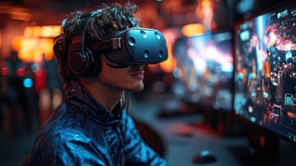 Man Immersed in Virtual Reality Gaming Experience