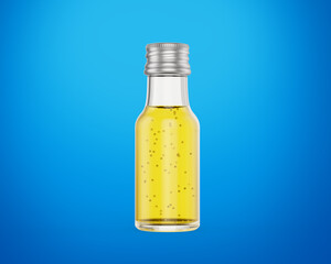 Essence Oil Sleek And Slender Glass Bottle With Silver Metal Cap On Blue Background 3D Illustration