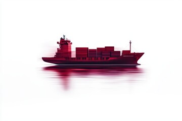 Red cargo ship on water with motion blur, white isolated background.