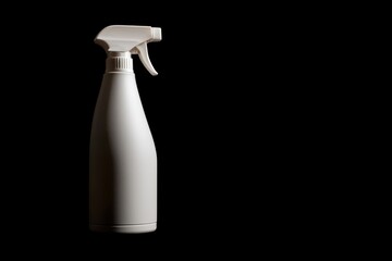 A simple white spray bottle stands against a black background, emphasizing its sleek design and functional purpose for cleaning or dispensing liquids.