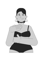 Hindu woman in brassier examining breast black and white 2D line character. Mastopathy early detection. Bindi indian female touching chest isolated vector outline person. Monochrome spot illustration