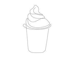 Continuous one line drawing of ice cream cup. One line drawing illustration of delicious ice cream cup. Dessert, cold food concept single line. Editable outline