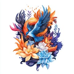 Obraz premium Vibrant illustration of a bird amidst colorful flowers on a white background.