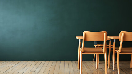 Empty interior of a school class with desks and chairs, space for text on the blackboard