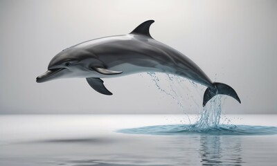 Obraz premium A sleek dolphin gracefully leaps out of the water, droplets splashing around, embodying freedom, playfulness, and the beauty of marine life in a serene, minimalistic setting