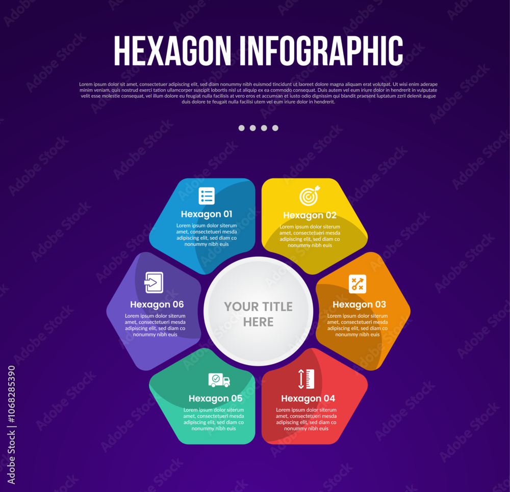 Wall mural hexagon or hexagonal six sided polygon template infographic with round components base on circle cen