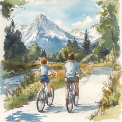 Fototapeta premium Doodle of a family riding bicycles along a scenic path with mountains in the distance