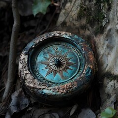 Weathered Relic Compass Sculpture with Mystical Patina in Moody Forest Clearing