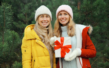 Happy smiling women friends, gift box, celebration on Christmas tree background in winter forest