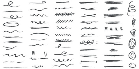 Vector graphic highlight of brush pen. Set of doodle charcoal underline for notes. Hand drawn abstract collection of highlight, brush, elements. Black ink, scribble, crayons, lines. Isolated vector