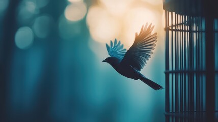 Fototapeta premium A bird takes flight from a cage, symbolizing freedom and liberation against a soft, dreamy background of light and shadows.