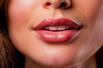 Fototapeta premium beautiful female model with red lips and shiny lipstick on black background, closeup 