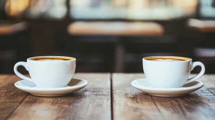 Fototapeta premium Two white coffee cups sit on a wooden table, inviting a cozy, warm atmosphere perfect for conversation and connection.