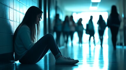 A lonely girl sitting in a school hallway surrounded by shadows of friends