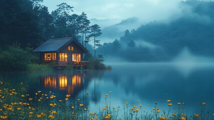 Fototapeta premium Tranquil Cabin on Lake at Dusk with Foggy Mountains and Flowers