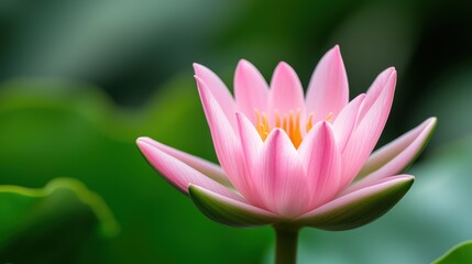 A close-up view of a vibrant pink lotus flower in full bloom with lush green leaves blurred in the background