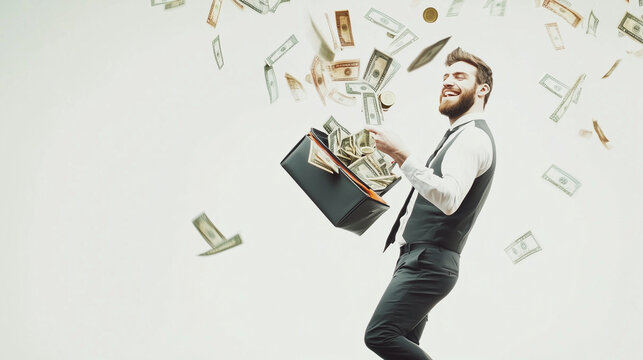  a happy man with money flying around. business goal concept