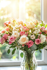 Elegant Bouquet of Pink and White Roses in a Glass Vase