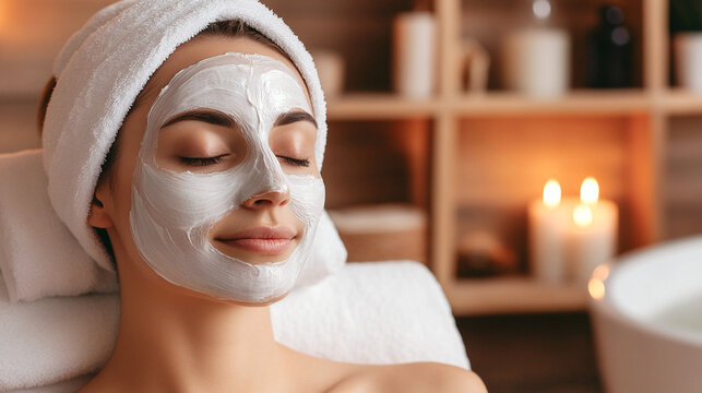 Mujer en sesi&oacute;n de spa aplicando mascarilla de arcilla en un ambiente de relajaci&oacute;n y bienestar.

