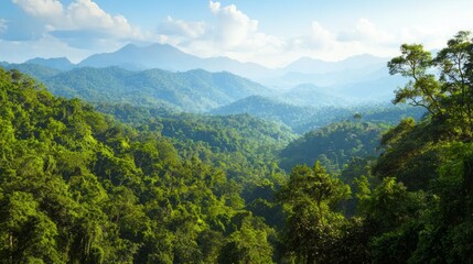 Naklejka premium Majestic Mountain Range: A Breathtaking View of Lush Green Valleys and Rugged Peaks in the Forested Wilderness