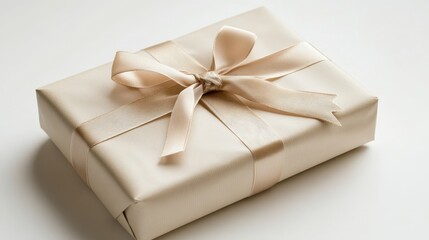 single wrapped gift with a delicate bow, resting on a clean white background with a hint of holiday decor