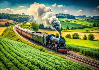 Obraz premium Captivating Macro Photography of a Vintage Steam Train Journeying Through Lush Agricultural Fields, Showcasing Nature's Beauty in Every Detail