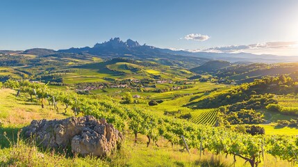 Scenic view of vineyards with mountains in the background during sunset.
