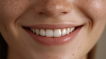 Close up of a smiling woman mouth with minimal makeup, neutral background
