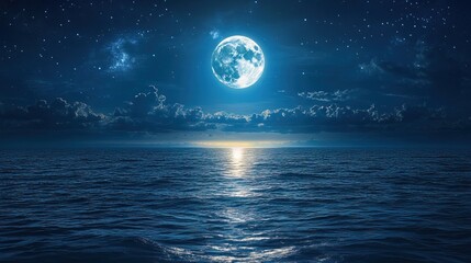 A serene night scene featuring a glowing moon over a tranquil sea