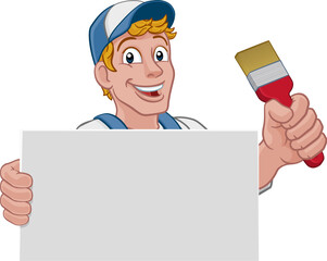 A painter decorator handyman cartoon construction man mascot character holding a paint brush tool