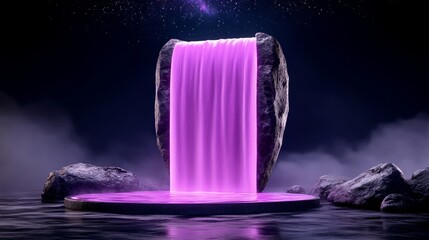 Abstract Night Waterfall with Glowing Purple Water and Stone Platform