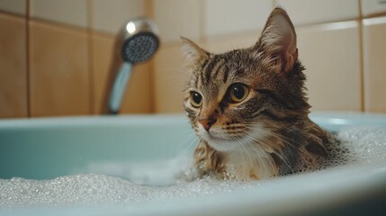 Joyful cat enjoys a soothing bath surrounded by bubbles in delightful water experience