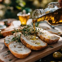 Mediterranean White Bread Slices with Golden Olive Oil in Rustic Garden Setting