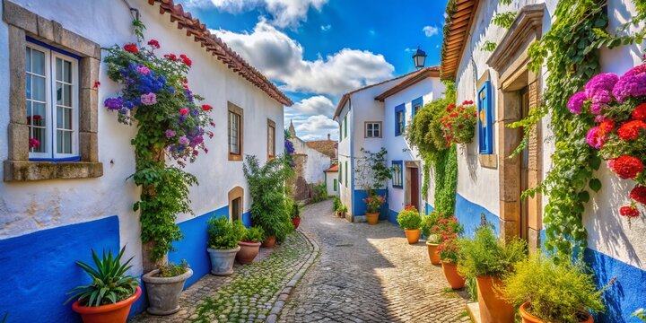 Captivating Narrow White and Blue Street View in the Charming Medieval City of Obidos, Portugal, Showcasing Historic Architecture and Vibrant Colors Against a Clear Sky