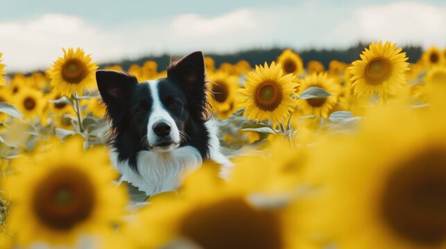 Border Collie dog resting in sunflower field under gentle sunlight