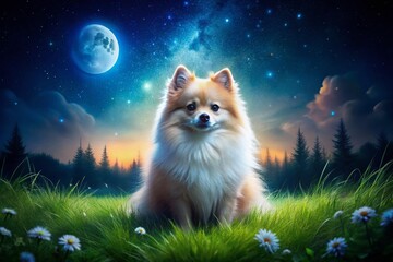 Obraz premium Captivating Night Photography of a Purebred Small Spitz Dog Sitting in Lush Grass Surrounded by Nature Under a Starry Sky