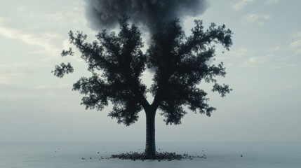 Explore the symbolism of a tree erupting smoke nature's response to environmental crisis