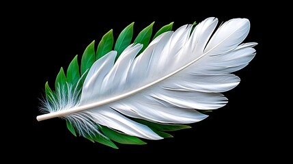 Naklejka premium White Feather with Green Leaves on Black Background Nature Texture Design Element