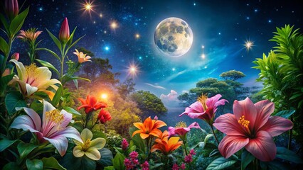 Captivating Night Photography of Exquisite Exotic Flowers Illuminated by Moonlight, Showcasing Their Vibrant Colors and Unique Shapes in a Magical Garden Setting
