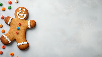 Obraz premium Classic gingerbread man adorned with white icing and colorful buttons on a transparent background